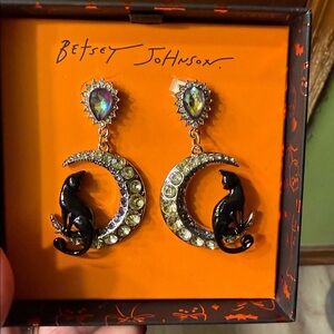 Betsey Johnson Black Cat Crescent Earrings